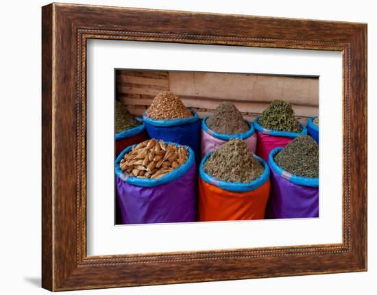 Colorful bags of spices for sale at the Medina Souk. Marrakech, Morocco.-Sergio Pitamitz-Framed Photographic Print