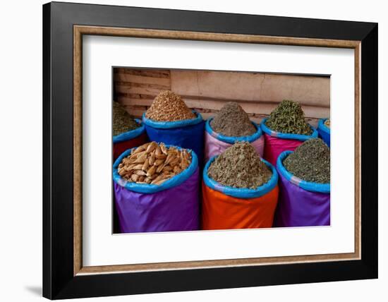 Colorful bags of spices for sale at the Medina Souk. Marrakech, Morocco.-Sergio Pitamitz-Framed Photographic Print
