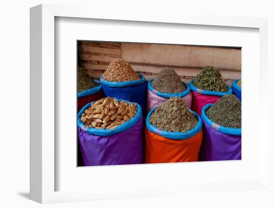 Colorful bags of spices for sale at the Medina Souk. Marrakech, Morocco.-Sergio Pitamitz-Framed Photographic Print