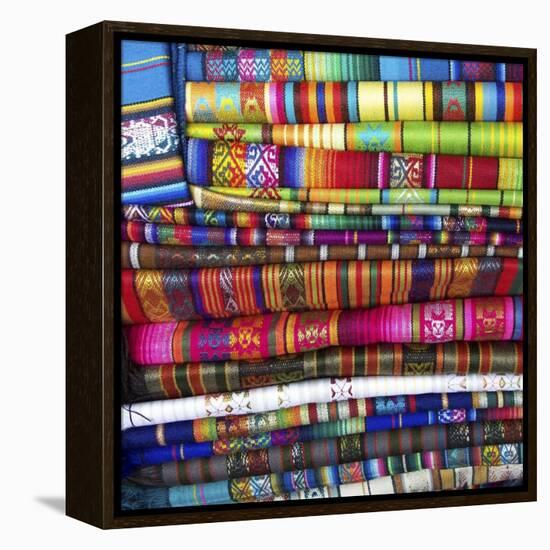 Colorful Blankets at Indigenous Market in Pisac, Peru-Miva Stock-Framed Premier Image Canvas