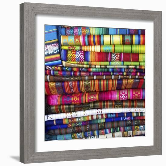 Colorful Blankets at Indigenous Market in Pisac, Peru-Miva Stock-Framed Photographic Print