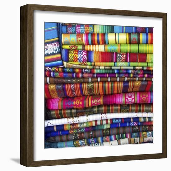 Colorful Blankets at Indigenous Market in Pisac, Peru-Miva Stock-Framed Photographic Print