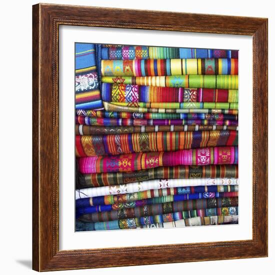 Colorful Blankets at Indigenous Market in Pisac, Peru-Miva Stock-Framed Photographic Print