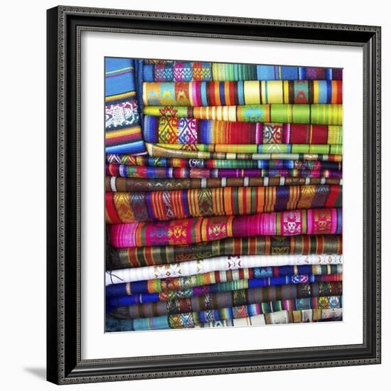 Colorful Blankets at Indigenous Market in Pisac, Peru-Miva Stock-Framed Photographic Print