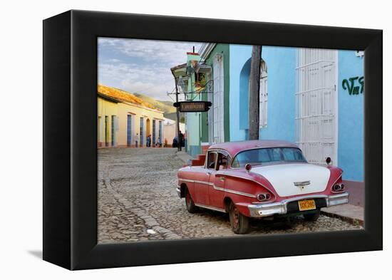 Colorful Buildings and 1958 Chevrolet Biscayne, Trinidad, Cuba-Adam Jones-Framed Premier Image Canvas