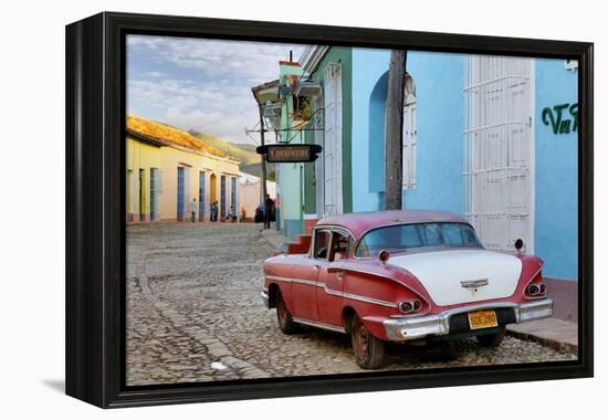 Colorful Buildings and 1958 Chevrolet Biscayne, Trinidad, Cuba-Adam Jones-Framed Premier Image Canvas
