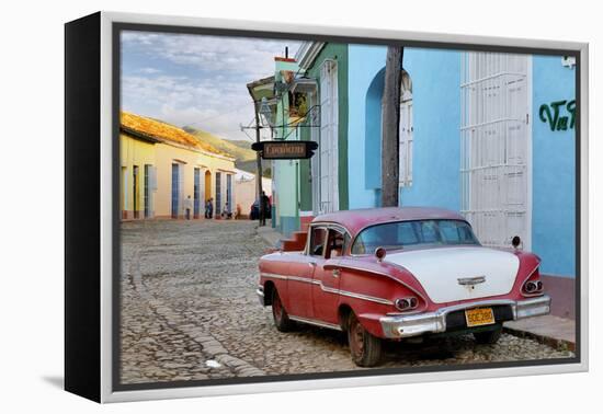 Colorful Buildings and 1958 Chevrolet Biscayne, Trinidad, Cuba-Adam Jones-Framed Premier Image Canvas