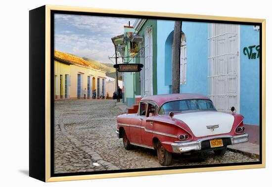 Colorful Buildings and 1958 Chevrolet Biscayne, Trinidad, Cuba-Adam Jones-Framed Premier Image Canvas