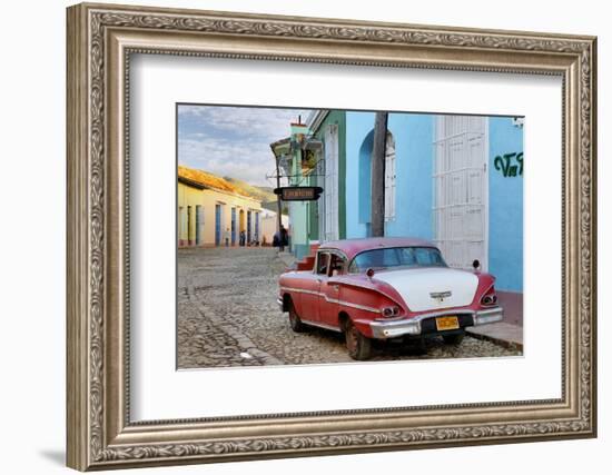 Colorful Buildings and 1958 Chevrolet Biscayne, Trinidad, Cuba-Adam Jones-Framed Photographic Print