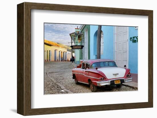 Colorful Buildings and 1958 Chevrolet Biscayne, Trinidad, Cuba-Adam Jones-Framed Photographic Print