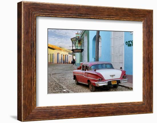 Colorful Buildings and 1958 Chevrolet Biscayne, Trinidad, Cuba-Adam Jones-Framed Photographic Print