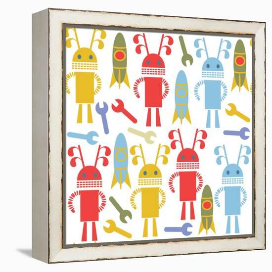 Colorful Cute Robots and Monsters Pattern-Luizavictorya72-Framed Stretched Canvas