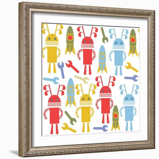 Colorful Cute Robots and Monsters Pattern-Luizavictorya72-Framed Art Print