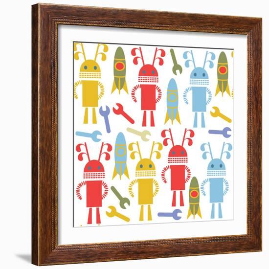 Colorful Cute Robots and Monsters Pattern-Luizavictorya72-Framed Art Print