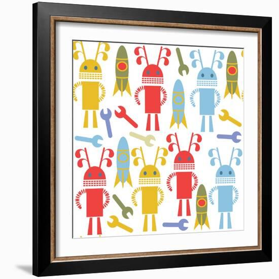 Colorful Cute Robots and Monsters Pattern-Luizavictorya72-Framed Art Print