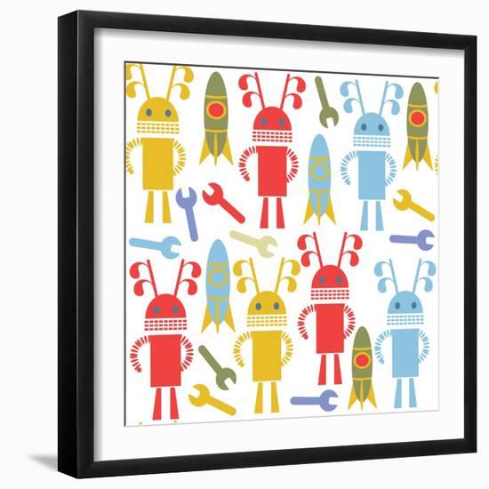 Colorful Cute Robots and Monsters Pattern-Luizavictorya72-Framed Art Print