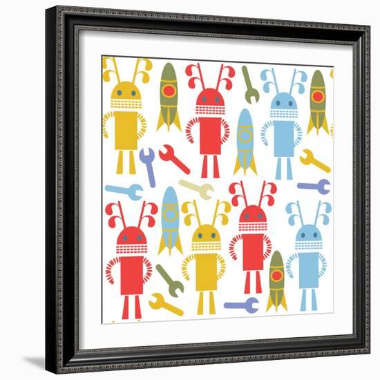 Colorful Cute Robots and Monsters Pattern-Luizavictorya72-Framed Art Print