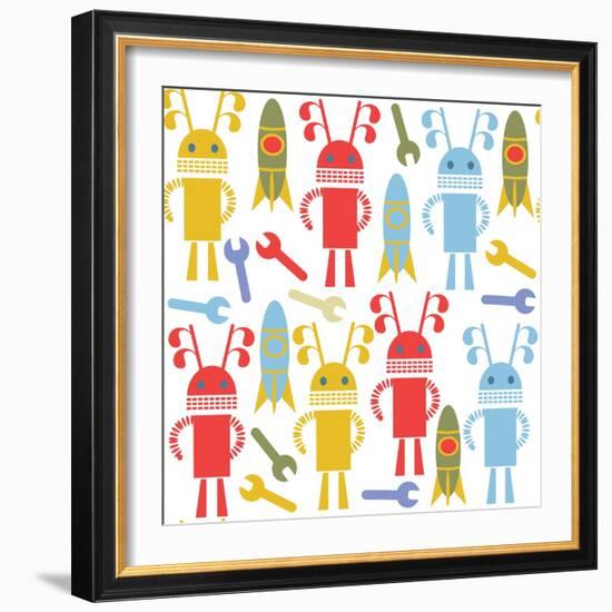 Colorful Cute Robots and Monsters Pattern-Luizavictorya72-Framed Art Print