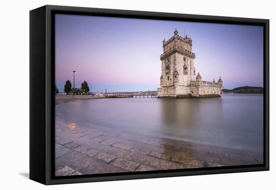 Colorful Dusk on the Tower of Belem, UNESCO World Heritage Site, Reflected in Tagus River-Roberto Moiola-Framed Premier Image Canvas