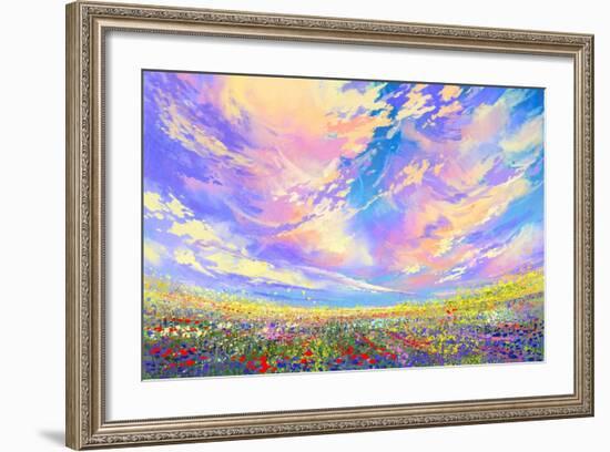 Colorful Flowers in Field under Beautiful Clouds,Landscape Painting-Tithi Luadthong-Framed Art Print