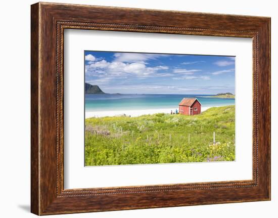 Colorful flowers on green meadows frame the typical rorbu surrounded by turquoise sea, Ramberg, Lof-Roberto Moiola-Framed Photographic Print