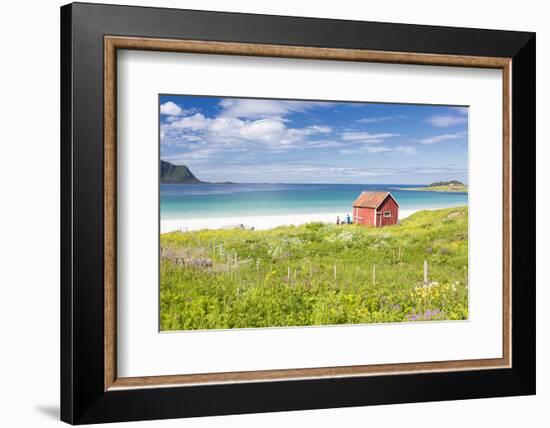 Colorful flowers on green meadows frame the typical rorbu surrounded by turquoise sea, Ramberg, Lof-Roberto Moiola-Framed Photographic Print