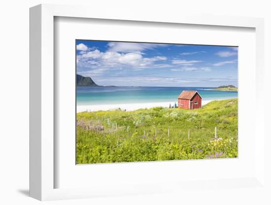 Colorful flowers on green meadows frame the typical rorbu surrounded by turquoise sea, Ramberg, Lof-Roberto Moiola-Framed Photographic Print