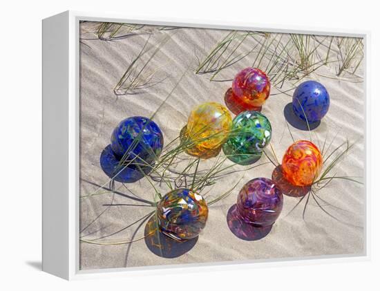 Colorful Glass Floats on Sand Dune, Oregon, USA-Jaynes Gallery-Framed Premier Image Canvas