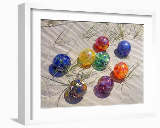 Colorful Glass Floats on Sand Dune, Oregon, USA-Jaynes Gallery-Framed Photographic Print