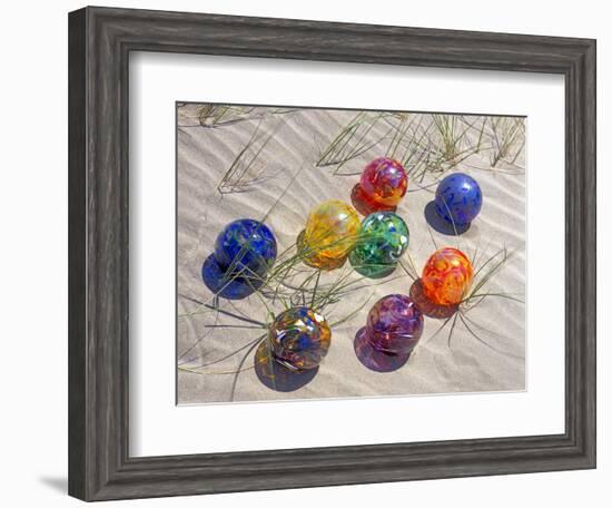 Colorful Glass Floats on Sand Dune, Oregon, USA-Jaynes Gallery-Framed Photographic Print