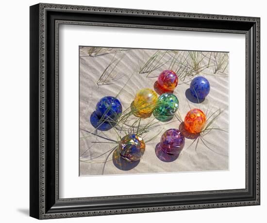 Colorful Glass Floats on Sand Dune, Oregon, USA-Jaynes Gallery-Framed Photographic Print