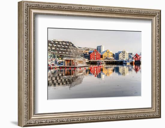 Colorful houses by the harbor mirrored in the cold sea at dawn, Tromso, Norway, Scandinavia, Europe-Roberto Moiola-Framed Photographic Print