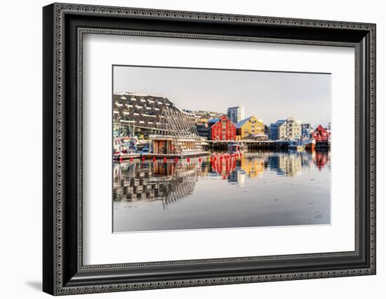 Colorful houses by the harbor mirrored in the cold sea at dawn, Tromso, Norway, Scandinavia, Europe-Roberto Moiola-Framed Photographic Print
