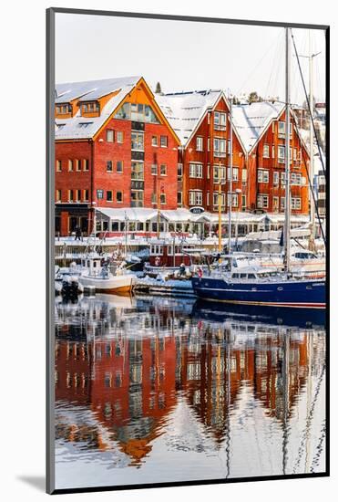 Colorful houses by the harbor mirrored in the cold sea at dawn, Tromso, Norway, Scandinavia, Europe-Roberto Moiola-Mounted Photographic Print