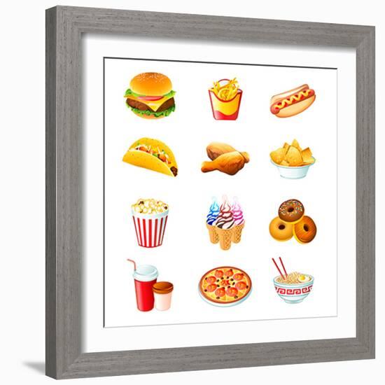Colorful Icons With Fast Food Meals Isolated-sahuad-Framed Premium Giclee Print