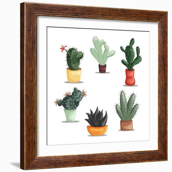 Colorful Illustration of Succulent Plants and Cactuses in Pots. Vector Botanical Graphic Set with C-kateja-Framed Art Print