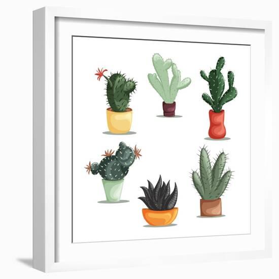 Colorful Illustration of Succulent Plants and Cactuses in Pots. Vector Botanical Graphic Set with C-kateja-Framed Art Print