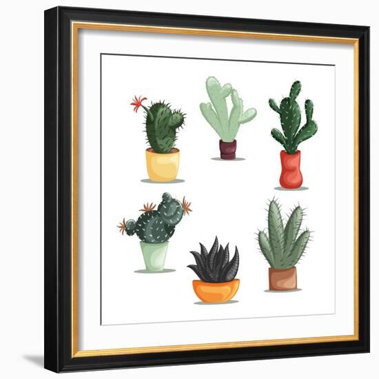 Colorful Illustration of Succulent Plants and Cactuses in Pots. Vector Botanical Graphic Set with C-kateja-Framed Art Print