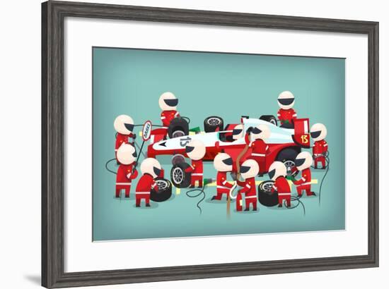 Colorful Illustration with Pit Stop Workers and Engineers Maintaining Technical Service for a Racin-snegok13-Framed Art Print