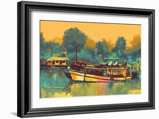 Colorful Painting of Boat for the Transportation on River,Illustration-Tithi Luadthong-Framed Art Print