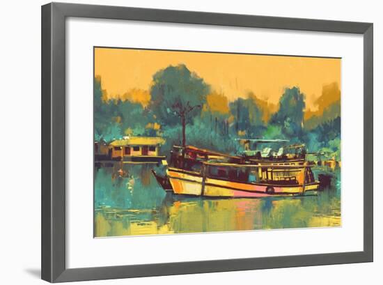 Colorful Painting of Boat for the Transportation on River,Illustration-Tithi Luadthong-Framed Art Print