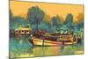Colorful Painting of Boat for the Transportation on River,Illustration-Tithi Luadthong-Mounted Art Print