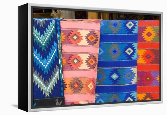 Colorful patterns and fabrics from San Antonio close to Lake Atitlan in Guatemala-Bill Bachmann-Framed Premier Image Canvas