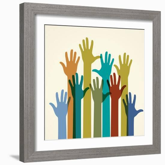 Colorful Raised Hands. the Concept of Diversity. Group of Hands. Giving Concept.-VLADGRIN-Framed Art Print