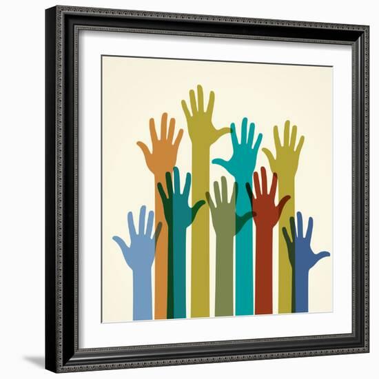 Colorful Raised Hands. the Concept of Diversity. Group of Hands. Giving Concept.-VLADGRIN-Framed Art Print