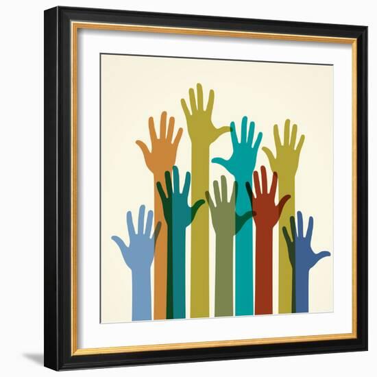 Colorful Raised Hands. the Concept of Diversity. Group of Hands. Giving Concept.-VLADGRIN-Framed Art Print