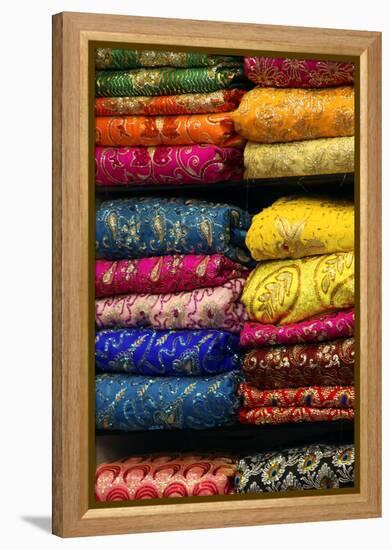 Colorful Sari Shop in Old Delhi Market, Delhi, India-Kymri Wilt-Framed Premier Image Canvas