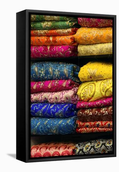 Colorful Sari Shop in Old Delhi Market, Delhi, India-Kymri Wilt-Framed Premier Image Canvas