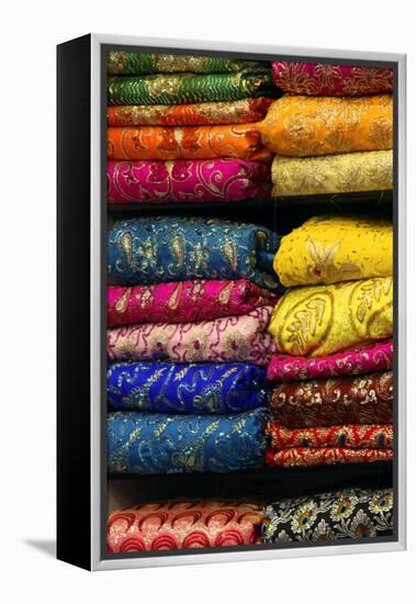 Colorful Sari Shop in Old Delhi Market, Delhi, India-Kymri Wilt-Framed Premier Image Canvas