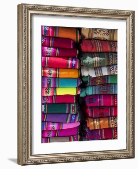 Colorful scarfs or blankets for tourists. Town of Humahuaca in the Quebrada de Humahuaca canyon-Martin Zwick-Framed Photographic Print